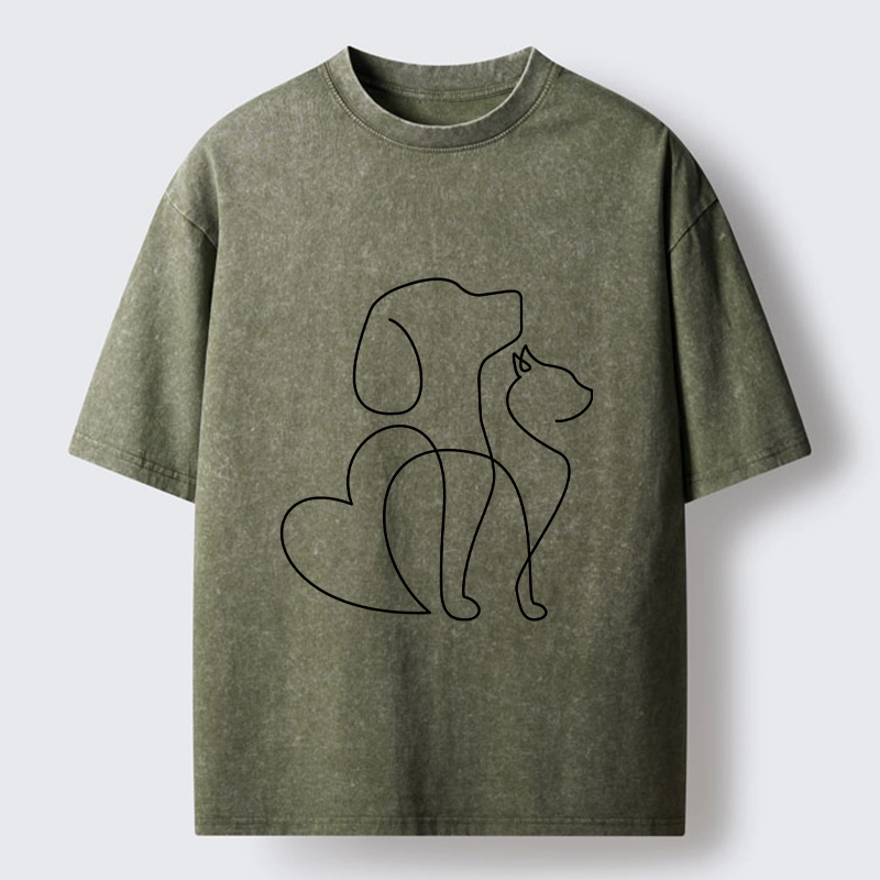 Tokyo-Tiger Cat Dog Love Line Art Washed T-Shirt
