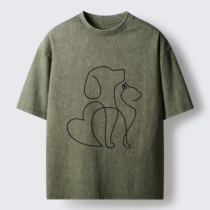 Tokyo-Tiger Cat Dog Love Line Art Washed T-Shirt