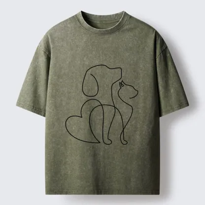 Tokyo-Tiger Cat Dog Love Line Art Washed T-Shirt