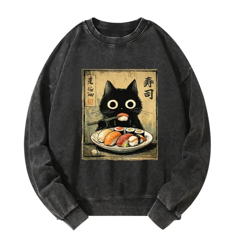 Tokyo-Tiger Vintage Japanese Sushi Cat Washed Sweatshirt