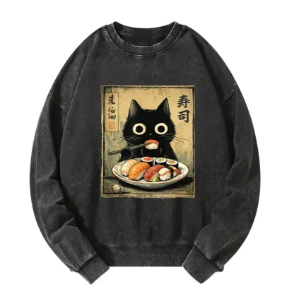 Tokyo-Tiger Vintage Japanese Sushi Cat Washed Sweatshirt