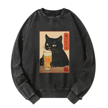 Tokyo-Tiger Cat Holding A Glass Of Beer Washed Sweatshirt