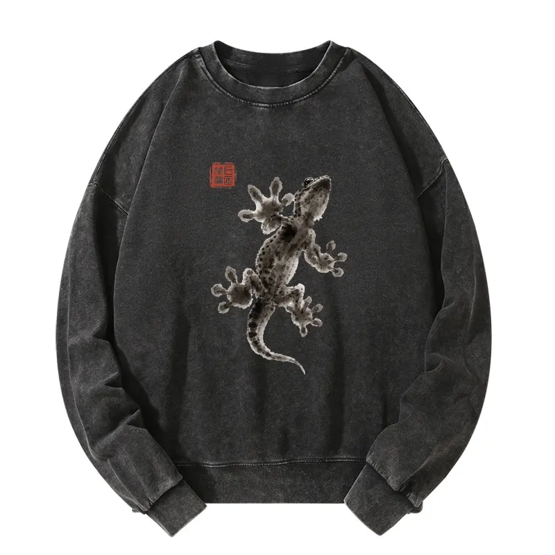 Tokyo-Tiger Minimal Asian Ink Brush Gecko Vibe Washed Sweatshirt