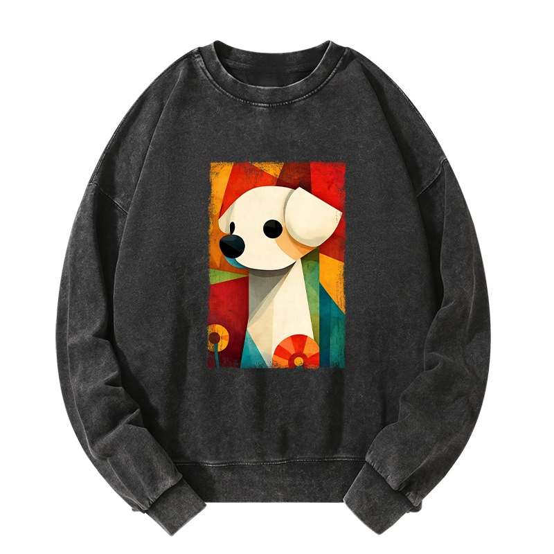 Tokyo-Tiger Retro Abstract Color Block Puppy Art Washed Sweatshirt