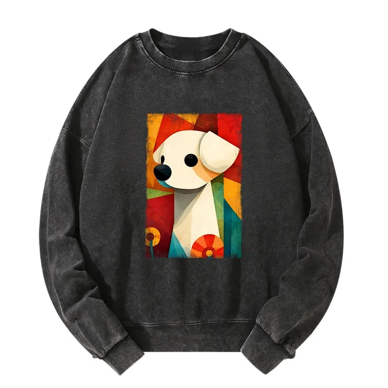 Tokyo-Tiger Retro Abstract Color Block Puppy Art Washed Sweatshirt