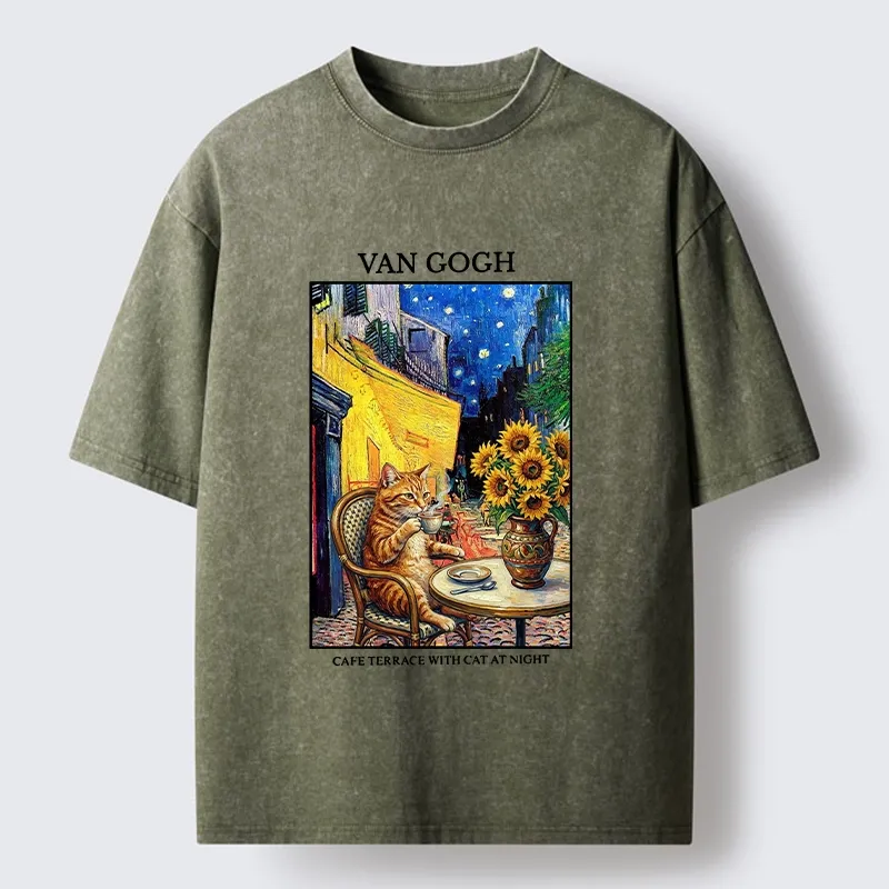 Tokyo-Tiger Van Gogh Cafe Cat Washed T-Shirt