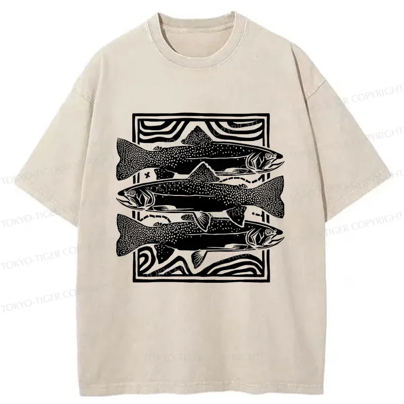 Tokyo-Tiger Big Fish Woodcut Washed T-Shirt