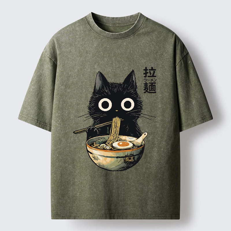Tokyo-Tiger Funny Cat Ramen Feast Washed T-Shirt