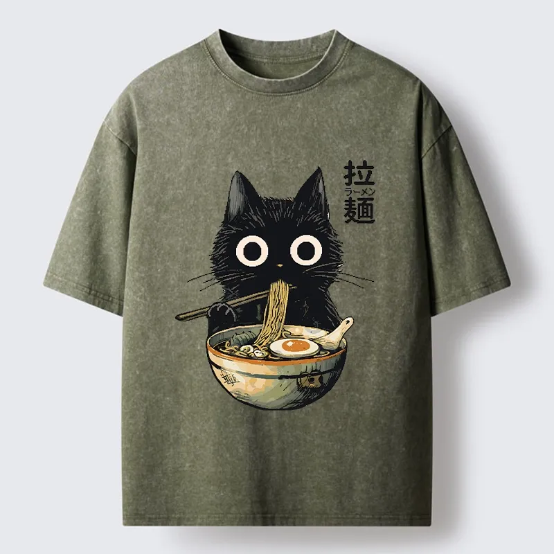 Tokyo-Tiger Funny Cat Ramen Feast Washed T-Shirt