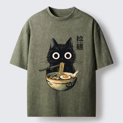 Tokyo-Tiger Funny Cat Ramen Feast Washed T-Shirt