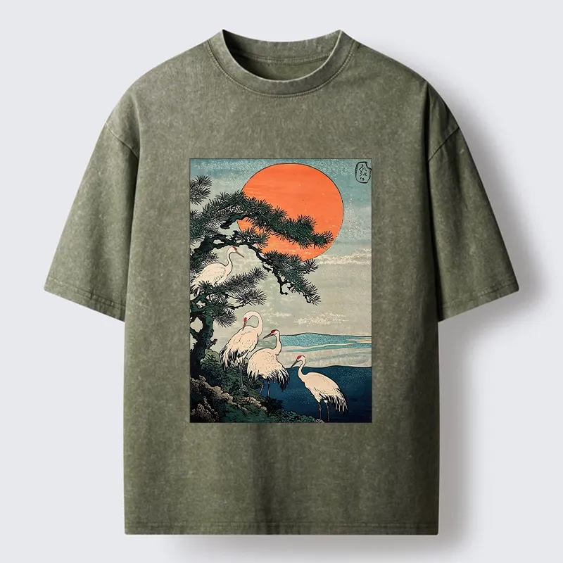 Tokyo‑Tiger Pine Crane Sunrise Washed T‑Shirt