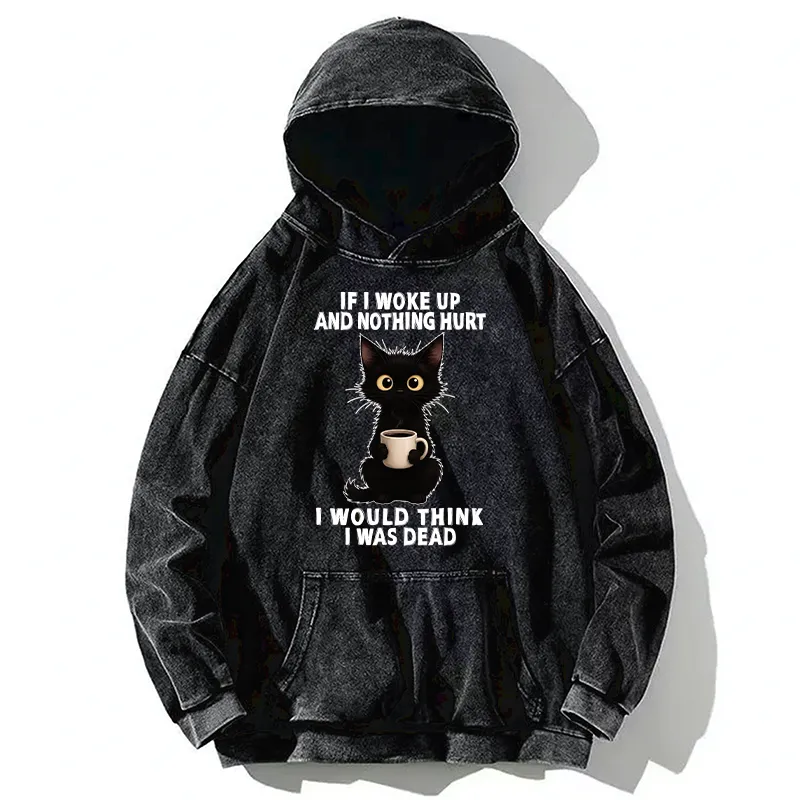 Tokyo-Tiger Funny Black Cat And Coffee Meme Washed Hoodie Sale