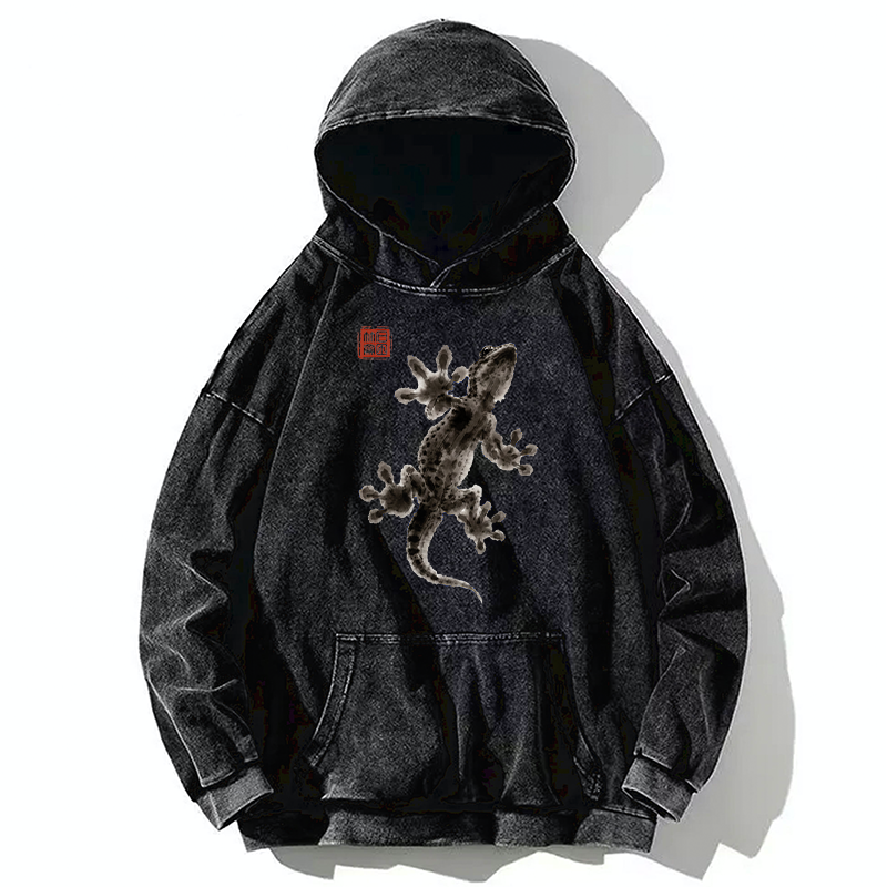 Tokyo-Tiger Minimal Asian Ink Brush Gecko Vibe Washed Hoodie