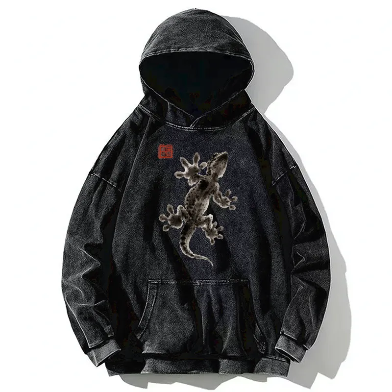 Tokyo-Tiger Minimal Asian Ink Brush Gecko Vibe Washed Hoodie