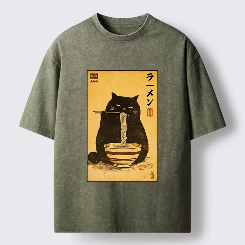 Tokyo‑Tiger Ramen Loving Cat Washed T‑Shirt