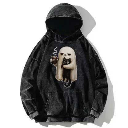 Tokyo-Tiger Ghost Cat Coffee Mood Washed Hoodie