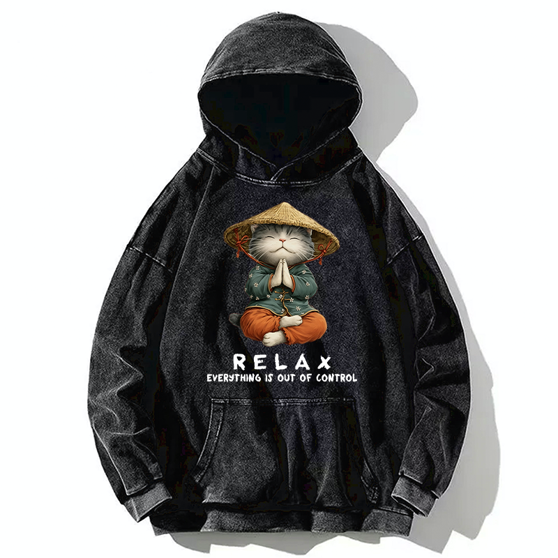 Tokyo-Tiger Zen Relax Cat Graphic Washed Hoodie