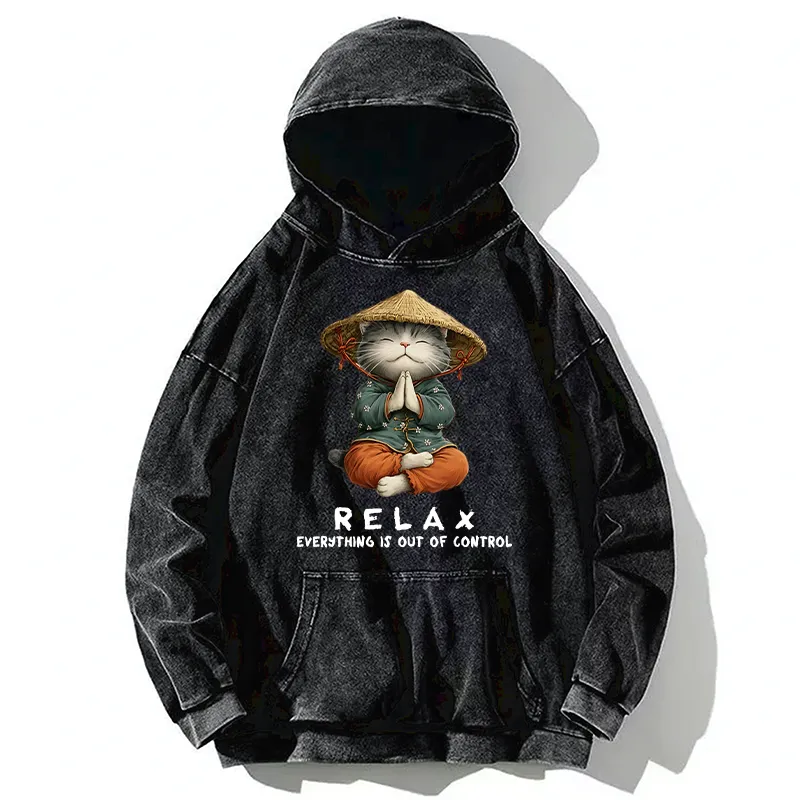 Tokyo-Tiger Zen Relax Cat Graphic Washed Hoodie