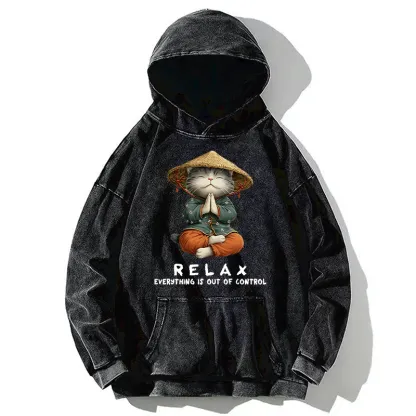 Tokyo-Tiger Zen Relax Cat Graphic Washed Hoodie