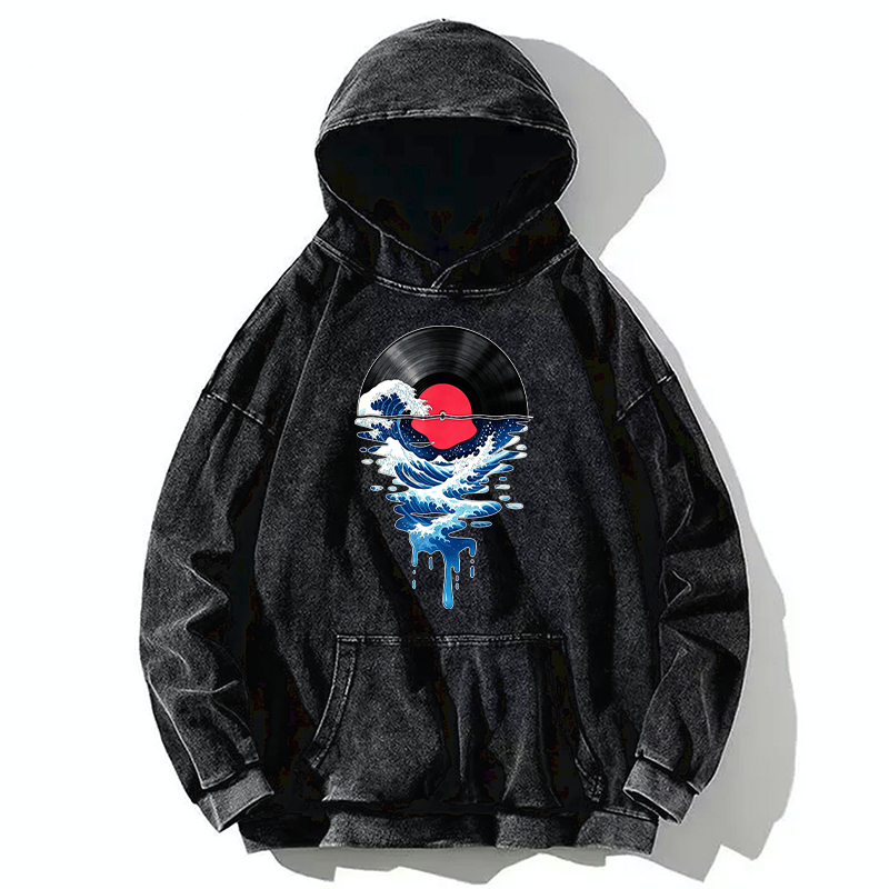 Tokyo-Tiger Vinyl Records And Waves Washed Hoodie