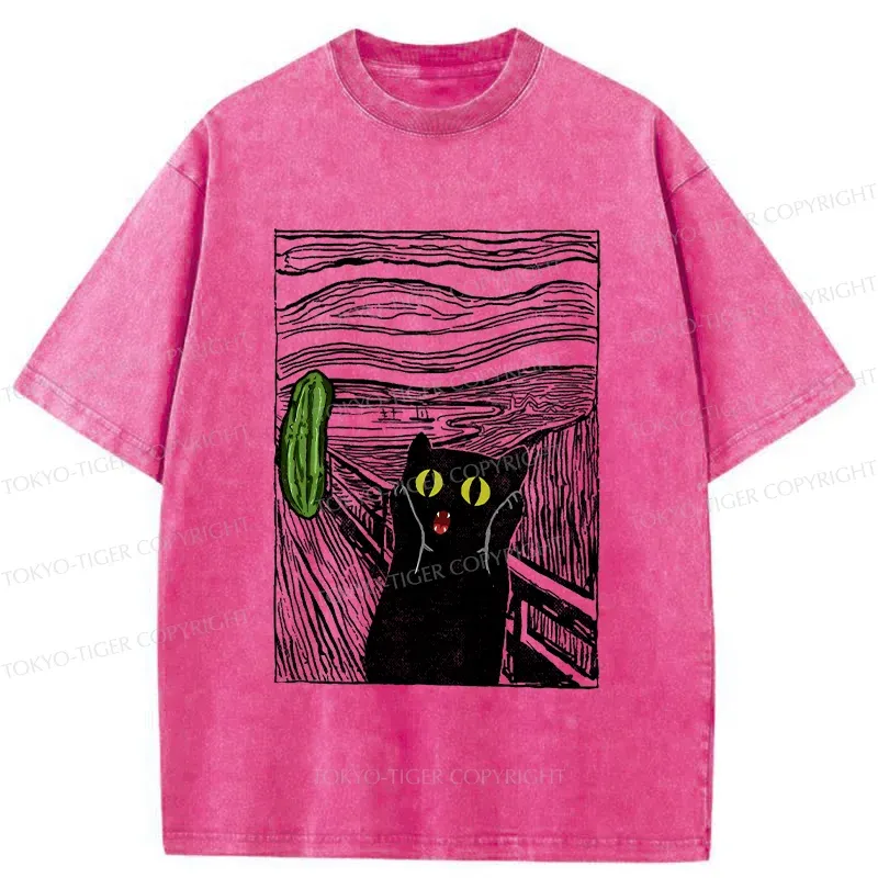 Tokyo-Tiger Cat Afraid Of Cucumbers Washed T-Shirt