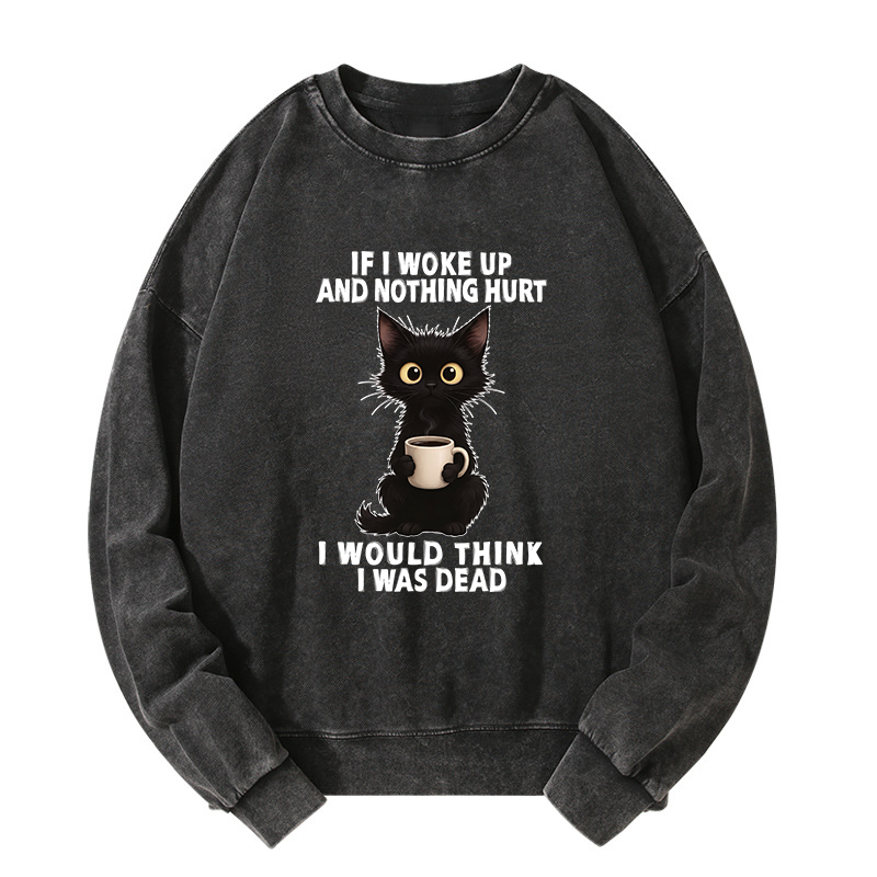 Tokyo-Tiger Funny Cute Black Cat And Coffee Meme Washed Sweatshirt