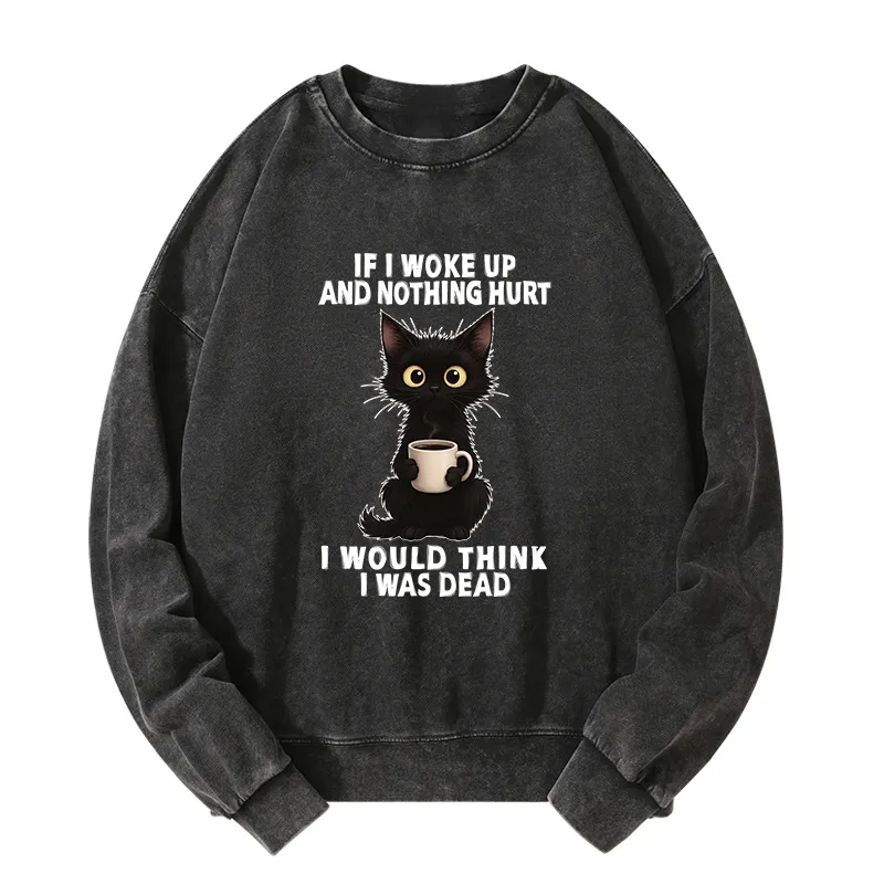 Tokyo-Tiger Funny Cute Black Cat And Coffee Meme Washed Sweatshirt Sale