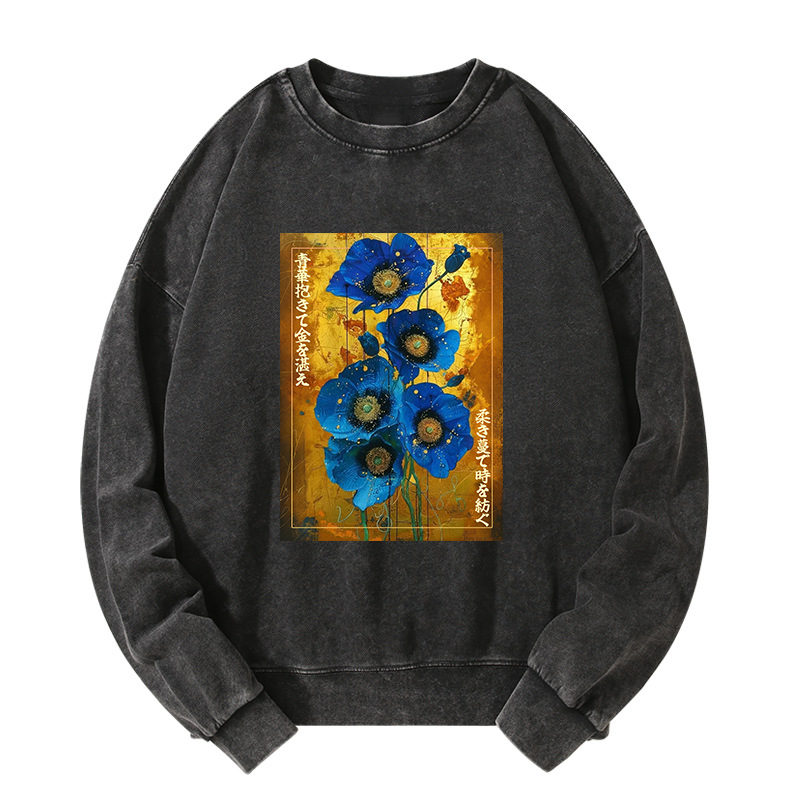 Tokyo-Tiger Shiny Blue Flower Warm Golden Background Washed Sweatshirt