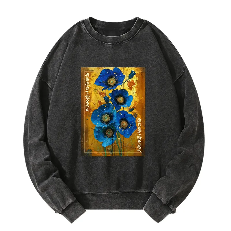 Tokyo-Tiger Shiny Blue Flower Warm Golden Background Washed Sweatshirt