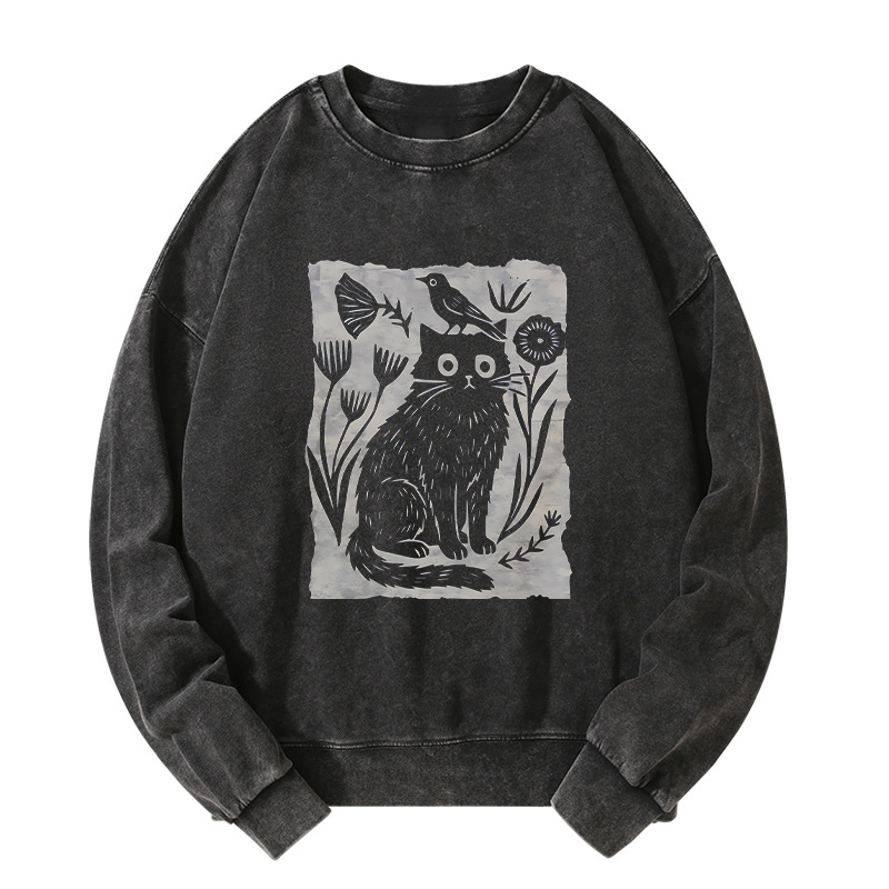 Tokyo-Tiger Folk Paper Cut Cat Bird Floral Art Washed Sweatshirt