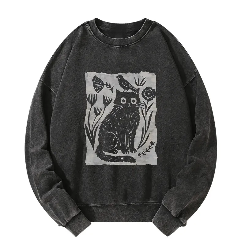 Tokyo-Tiger Folk Paper Cut Cat Bird Floral Art Washed Sweatshirt Sale