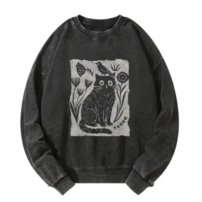 Tokyo-Tiger Folk Paper Cut Cat Bird Floral Art Washed Sweatshirt