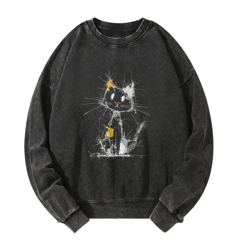 Tokyo-Tiger Minimal Splash Ink Cute Cat Washed Sweatshirt