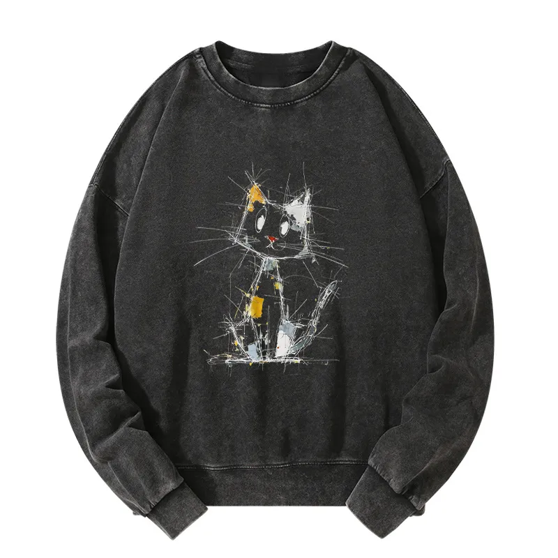 Tokyo-Tiger Minimal Splash Ink Cute Cat Washed Sweatshirt