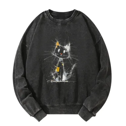 Tokyo-Tiger Minimal Splash Ink Cute Cat Washed Sweatshirt