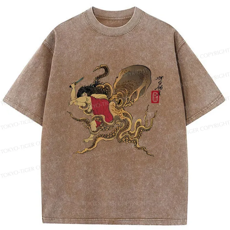Tokyo-Tiger Man And Octopus Fighting Washed T-Shirt