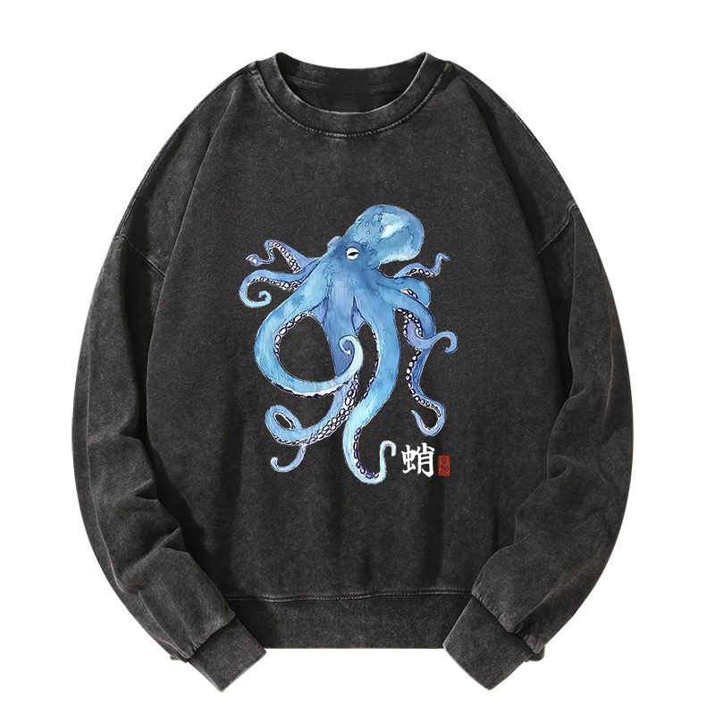 Tokyo-Tiger Watercolor Blue Octopus Washed Sweatshirt