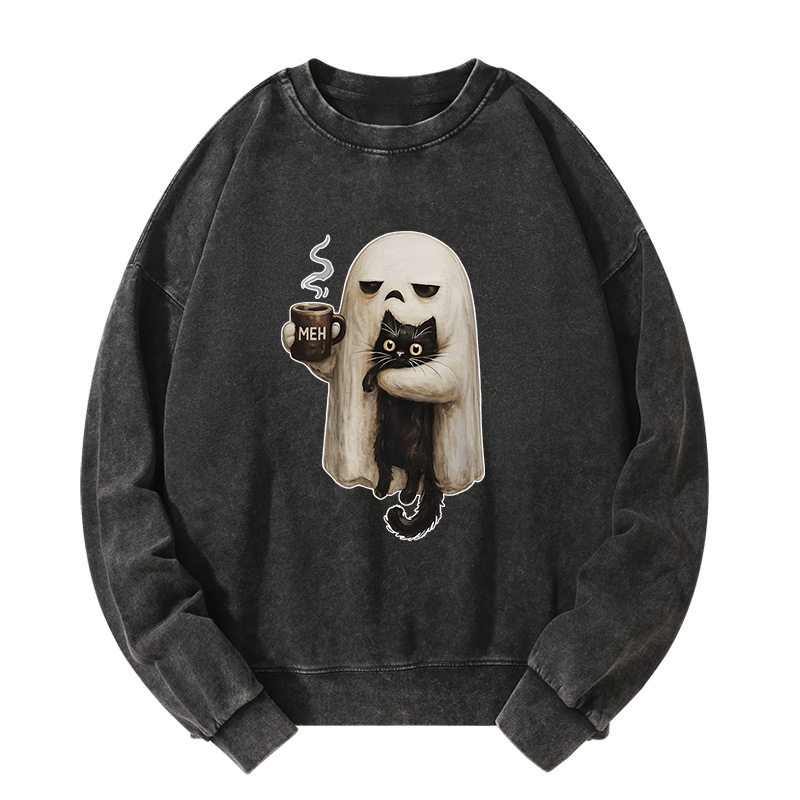 Tokyo-Tiger Ghost Cat Coffee Mood Washed Sweatshirt