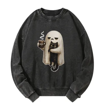 Tokyo-Tiger Ghost Cat Coffee Mood Washed Sweatshirt