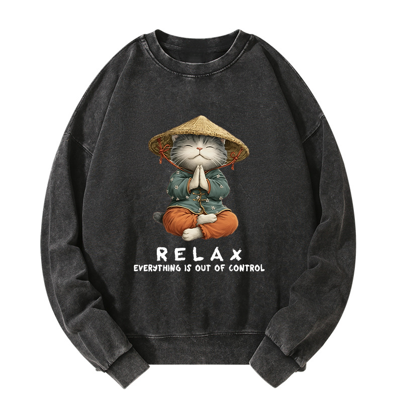 Tokyo-Tiger Zen Relax Cat Graphic Washed Sweatshirt