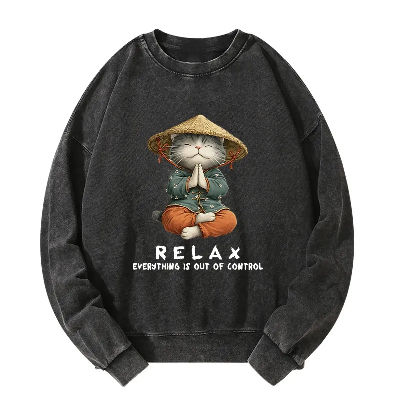 Tokyo-Tiger Zen Relax Cat Graphic Washed Sweatshirt