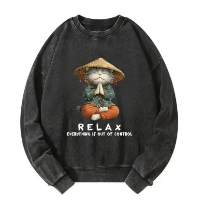 Tokyo-Tiger Zen Relax Cat Graphic Washed Sweatshirt