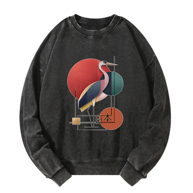 Tokyo-Tiger Geometric Crane Art Washed Sweatshirt