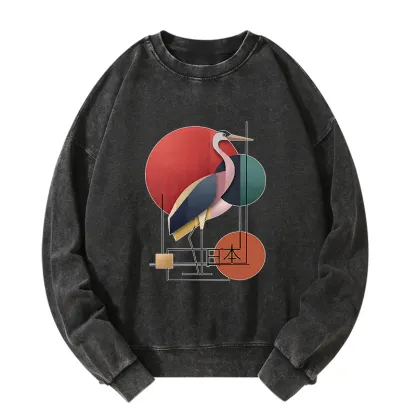 Tokyo-Tiger Geometric Crane Art Washed Sweatshirt