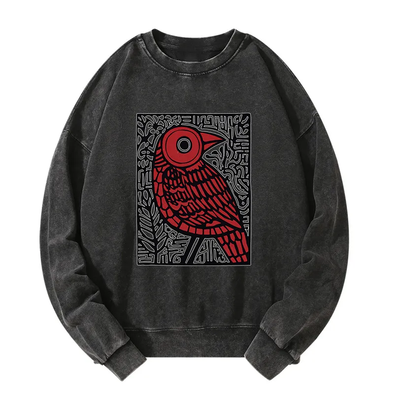 Tokyo-Tiger Retro Woodblock Bird Washed Sweatshirt