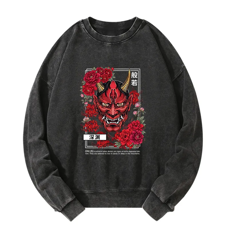 Tokyo-Tiger Cool Oni Floral Art Washed Sweatshirt Sale