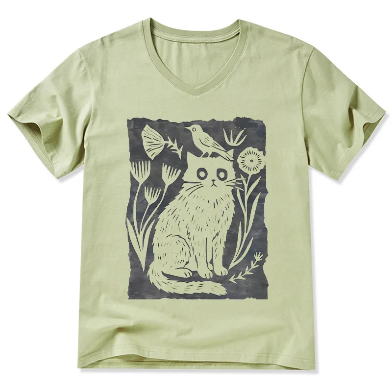 Tokyo-Tiger Folk Paper Cut Cat Bird Floral Art V-Neck Classic T-Shirt