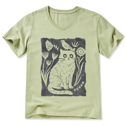 Tokyo-Tiger Folk Paper Cut Cat Bird Floral Art V-Neck Classic T-Shirt