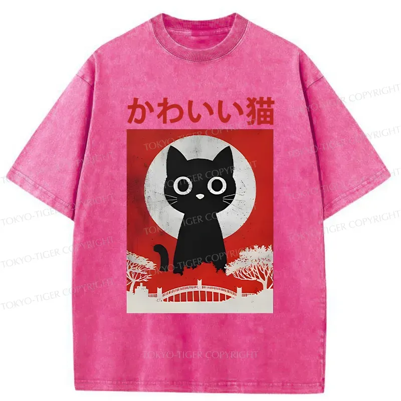 Tokyo-Tiger Cute Retro Cat Washed T-Shirt