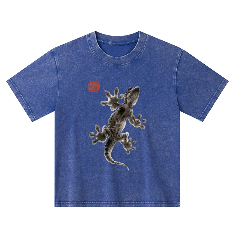 Tokyo-Tiger Minimal Asian Ink Brush Gecko Vibe Kids Washed T-Shirt